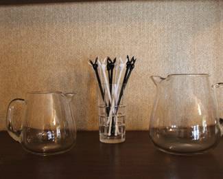 Mid century glass martini pitchers and Playboy Bunny swizzle sticks