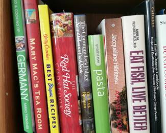 Cookbooks: Food and Cooking of Germany, Mary Mac's Tea Room, Betty Crocker's Best Bisquick Recipes, The Red Hat Society Cookbook, The Commander's Palace New Orleans Cookbook, Greatest Ever Pasta, A Feast of Souls by Jacqueline Heriteau, Eat Fish Live Better by Anne M. Fletcher, Prairie Avenue Cookbook