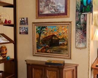 Console cabinet, original oil painting on canvas, print, and a peak at the FAB mid century pendant light fixture in the upper right corner!