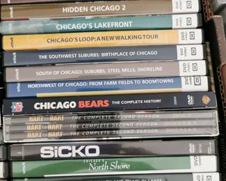 Thousands of DVD's including: The Bourne Supremacy, The Bourne Identity, The Bourne Ultimatum, The Fox Valley and Chain O' Lakes, Chicago's North Shore, Sicko, Hart to Hart: The Complete Second Season, Chicago Bears: The Complete History, Northwest Chicago: From Farm Fields to Boomtowns, South of Chicago: Suburbs Steel Mills Shoreline, The Southwest Suburbs: Birthplace of Chicago, Chicago's Loop: A New Walking Tour, Chicago's Lakefront, Hidden Chicago 2, Chicago's Western Suburbs: From Prairie Soil to Prairie Style, Foreign Correspondent, The Interpreter, High Noon