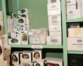 Department 56 Heritage Village Collection: Alpine Village Series, Christmas Decorations including Church - white steeple, City Clockworks, City Hall, Cobb Cottage, Collyweston Post office, Consulate, Corner Grocery, Craggy Cliff Platform, Cranberry, House, Danube Music Publisher, Deacons Way Chapel, Delivering coal for the hearth, Dickens Gads Hill Chalet