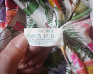 Tag detail of vintage Vanity Fair floral faux wrap bodice nightgown with flutter sleeves, Size Med