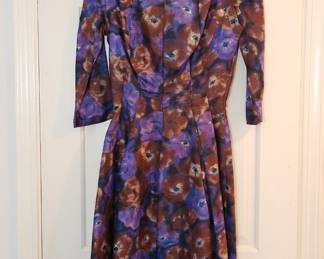 Vintage Gigi Young New York brown and purple floral print midi a-line dress with 3/4 sleeves