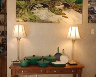 Pennsylvania House oak console table covered in like-new vintate Le Creuset enamel cast iron cookware Made in France! Over a dozen pieces!