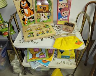 Vintage folding cart, puzzles