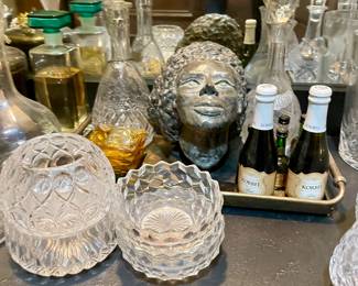 Bar full of decanters, crystal and serving pieces