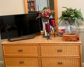 VINTAGE BROYHILL FURNITURE - LENOIR HOUSE BAMBOO DRESSER/MIRROR, MISCELLANEOUS ITEMS, **FLAT SCREEN TV HAS BEEN SOLD