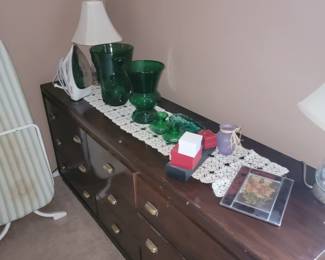 Dresser, lamps, glass