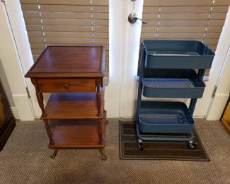 IKEA ROLLING CART & WOODEN 3 TIER TABLE