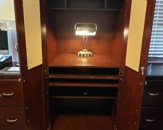 ARMOIRE, OFFICE DESK & LAMP