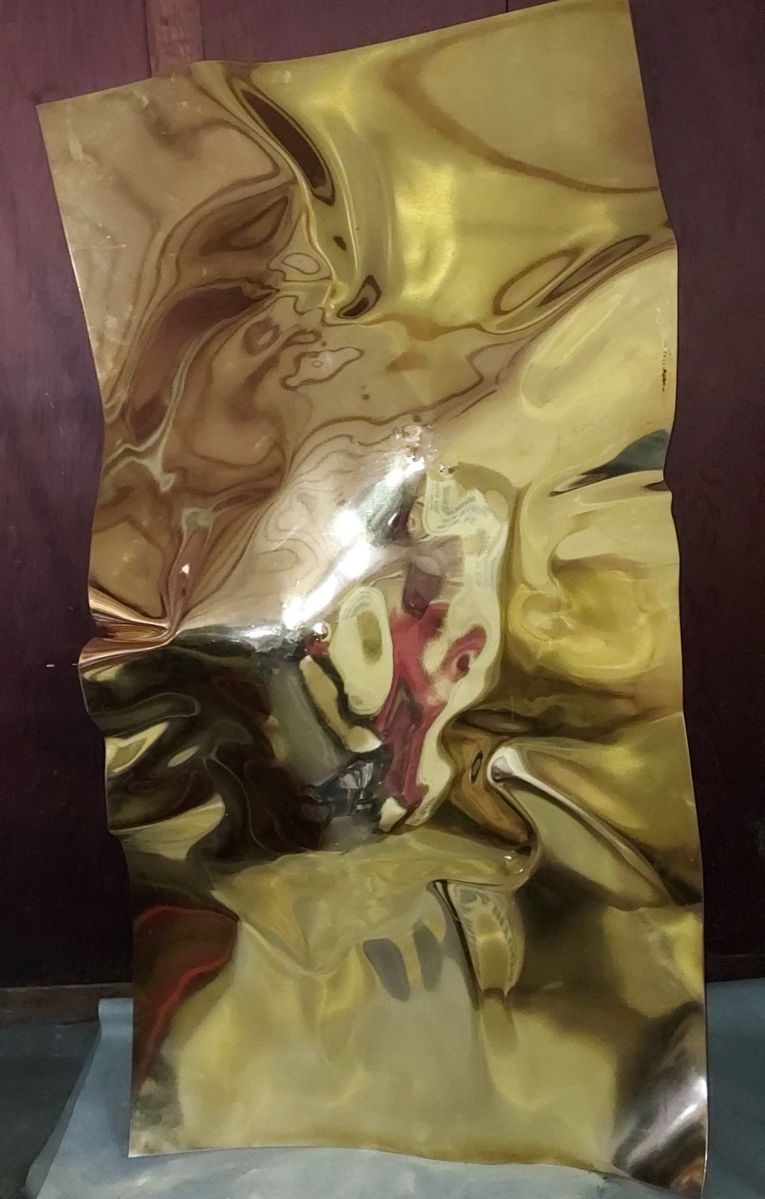 RARE, only 5 exist in the world!!! Original art created by Finnish artist Kim-Peter Waltzer. Inspired by nature & spirituality of the Finnish landscape, Waltzer's work has been acquired by many international collectors. This unique piece was created while serving as a corporate artist at at Valamo monastery, Finland. It is steel plate, distorted by use of explosives (and boulders!), finished in 14k gold. Measures approximately 3ftx 6ft