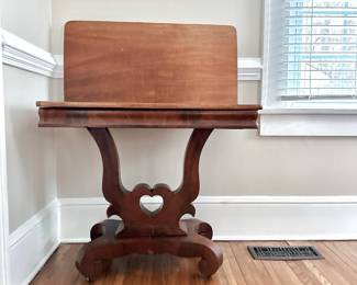 CIRCA 1890 FLAMED MAHOGANY HALF ROUND FOLD OVER GAME TABLE - DROP LEAF PEDESTAL TABLE