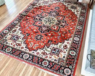 ANTIQUE PERSIAN HAND KNOTTED WOOL RUG - RED ORANGE MEDALLION - 5X8