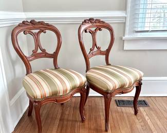 CIRCA 1890 PAIR OF ANTIQUE SIDE UPHOLSTERED CHAIRS - STRIPE FABRIC - FRENCH ROCOCO REVIVAL STYLE