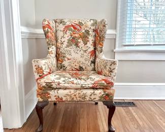 VINTAGE WINGBACK CHAIR - PHEASANT FABRIC - HOST CHAIR - ORANGE RUSTIC CABIN