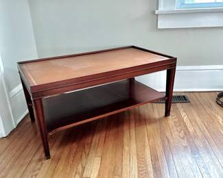 ANTIQUE LEATHER TOP TWO TIER LOW PROFILE COFFEE TABLE