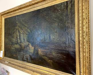 #171	Oil Painting of Black Forest w/deer in the woods 1800's Painting in Heavy Antique Gold painted Wood Frame  - 56x35	 $500.00 