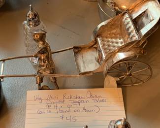 #143	Vtg. Mini Rickshaw Asian Chinese Japan Silver (as is hand broken) 9"H x 5"T	 $45.00 
