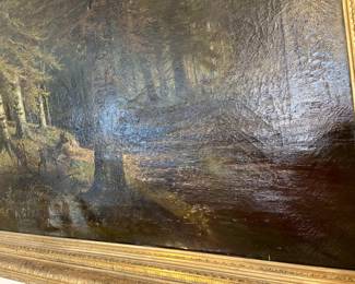 #171	Oil Painting of Black Forest w/deer in the woods 1800's Painting in Heavy Antique Gold painted Wood Frame  - 56x35	 $500.00 