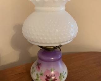 #85	Purple Flower Painted Lamp with Hob Nailed Shade	 $75.00 
