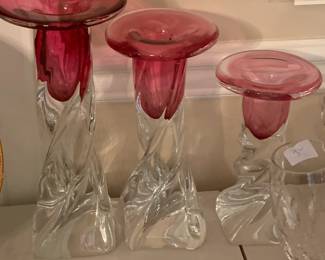 #150	Set of 3 Chribska Glassworks Czech Republic Cranberry Twister Candle Holders   8", 10", 12"	 $45.00 
