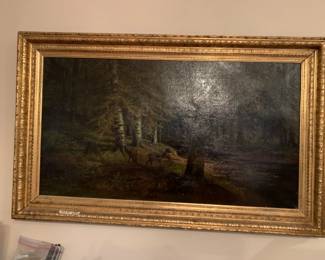 #171	Oil Painting of Black Forest w/deer in the woods 1800's Painting in Heavy Antique Gold painted Wood Frame - 56x35	 $500.00 

