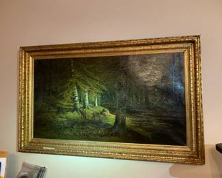 #171	Oil Painting of Black Forest w/deer in the woods 1800's Painting in Heavy Antique Gold painted Wood Frame  - 56x35	 $500.00 
