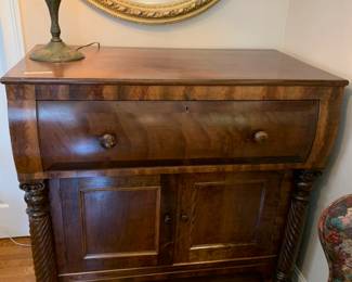#19	Antique Burl Wood Dresser with 1 Drawer, 2 Doors, 1 Shelf, 5 Columns 46x25x45	 $275.00 
