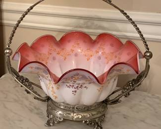 #149	Early Victorian Hand painted Art Glass Brides Basket in Silver holder - 12"w x 13" T Approx.	 $225.00 
