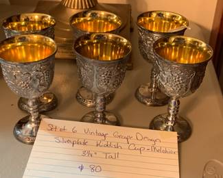 #142	Set of 6 Grape Design Silverplate Kiddish cup - Melchior 3.25" Tall	 $80.00 
