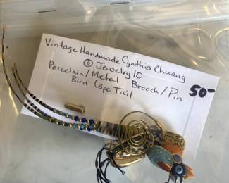 #193		Vintage handmade Cynthia Chuang @ Jewelry 10 porcelain/metal Brooch/pin Bird 3 tails 	 $50.00 			
