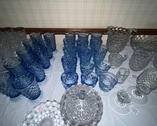 Blue Fostoria and Vintage Blue cube glass water glasses. More Fostoria glassware.