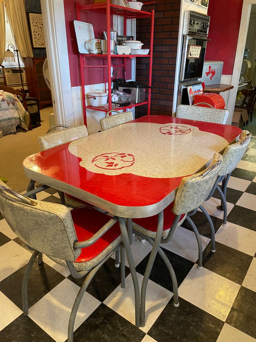 Vintage Red and Gray 1950s Dinette Table with original 6 Chairs.  Super Cool 😎 