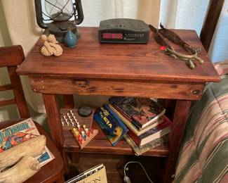 Custom made Cedar Table, books, Lantern, Spurs 