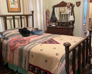 Antique Brass Bed. Vintage Ralph Lauren Desert Spring Comforter Set.  Wool Indian Blanket