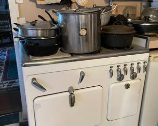 Antique Chambers Gas Stove, pots and pans