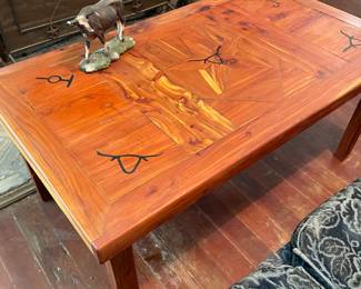 Custom Made Cedar Coffee Table with inlaid Star and Long horn Brands 