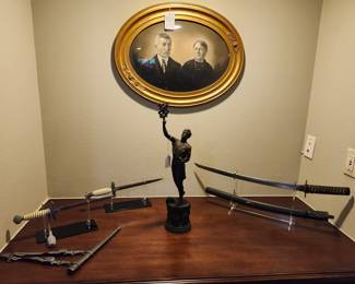 A 18th Century Portrait Framed in  Gold, 2 - WW2 German Officer Daggers, Antique Japanese Katana sword and Bronze Statue 