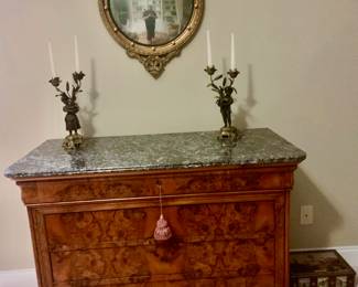 French candle sticks circa 1880. Marble top antique table circa 1840