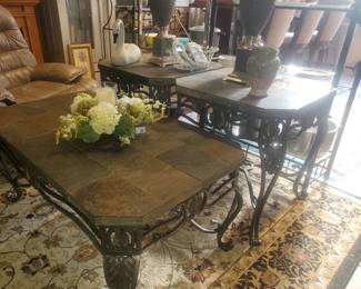 Slate top coffee table and 2 end tables