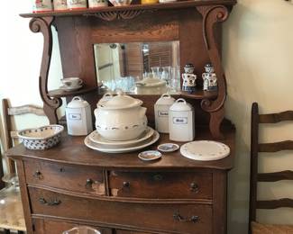 Old sideboard; lots of serving dishes and crystal