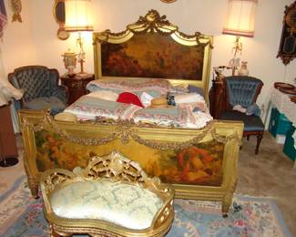 Fabulous late 18th century hand painted French bed, hand carved floral roping on head and footboard, painted head and footboard.   Very rare.    