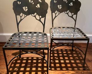 Pair of Wrought Iron Whimsical Tree Back Pair of Chairs 