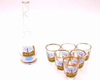 Pompei Scavi Miniature Gilded Glass Bottle & Six Shot Glasses 