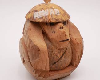 Hand-Carved Hawaiian Coconut Monkey Statue/Bank 