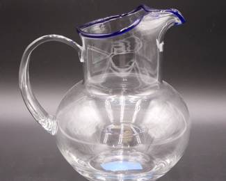 Clear Glass Pitcher w/Blue Rim 