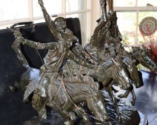 Original Frederic Remington Bronze on Marble Base. Title “Coming Through the Rye”. This item weighs approx. 220-230 lbs. Dimensions 28x21x28h. You must bring adequate help for removal. No assistance will be provided for this item. 