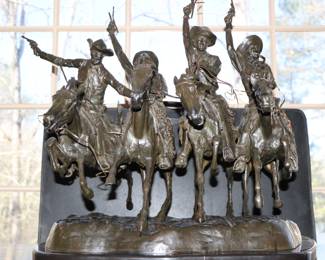 Original Frederic Remington Bronze on Marble Base. Title “Coming Through the Rye”. This item weighs approx. 220-230 lbs. Dimensions 28x21x28h. You must bring adequate help for removal. No assistance will be provided for this item. 