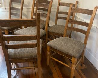 Six ladder back upholstered chairs available.  Built to last and for comfort.