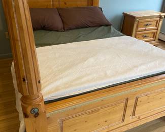 Mexican Pine Four Poster Queen Bed 66” W x 90” D x 81” H.              Mattress (sold separately) is Tempur-Pedic Ergo Power Base with Cloud Collection Mattress